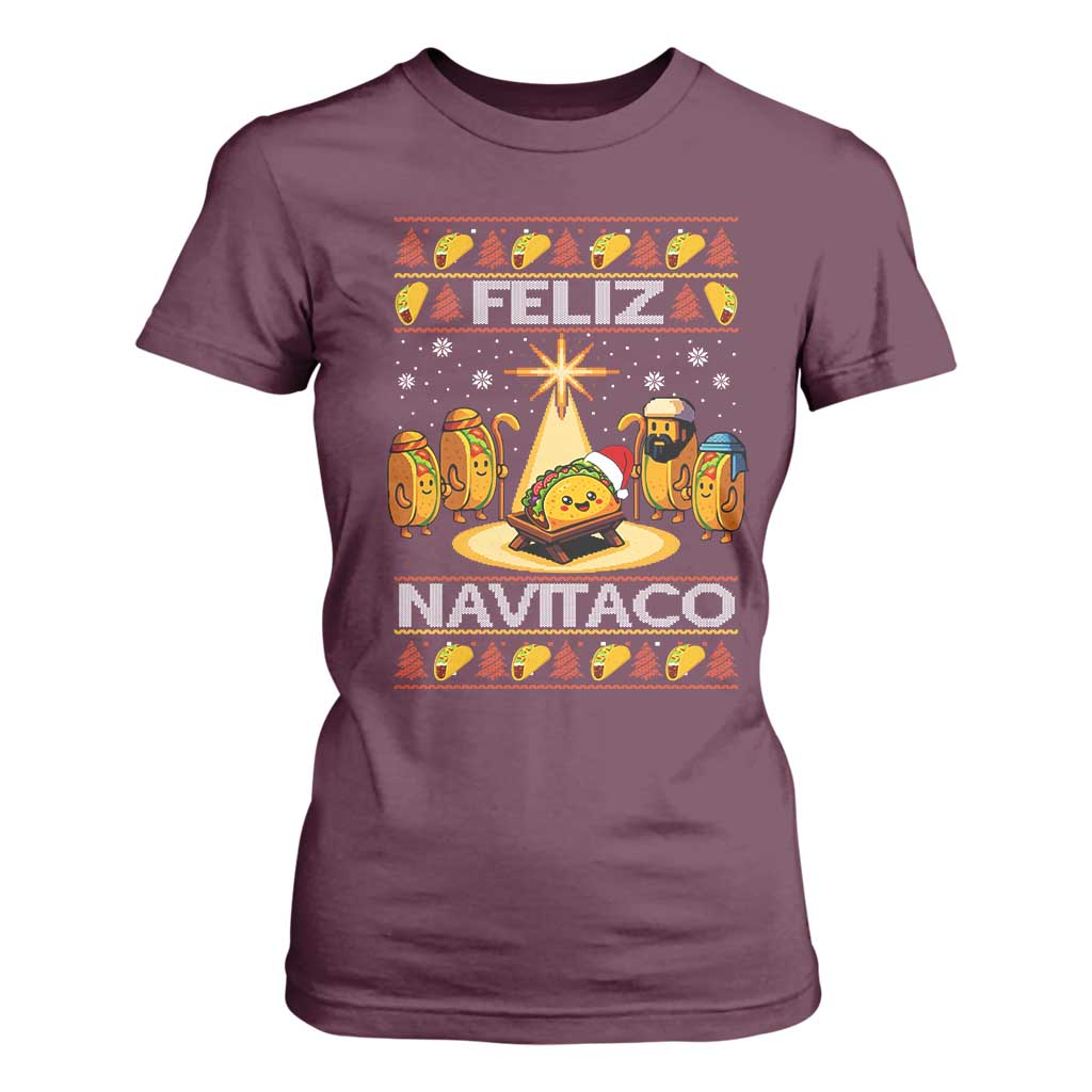 Funny Tacos Christmas Nativity Scene T Shirt For Women Feliz Navitaco Mexican Food TS11 Maroon Print Your Wear