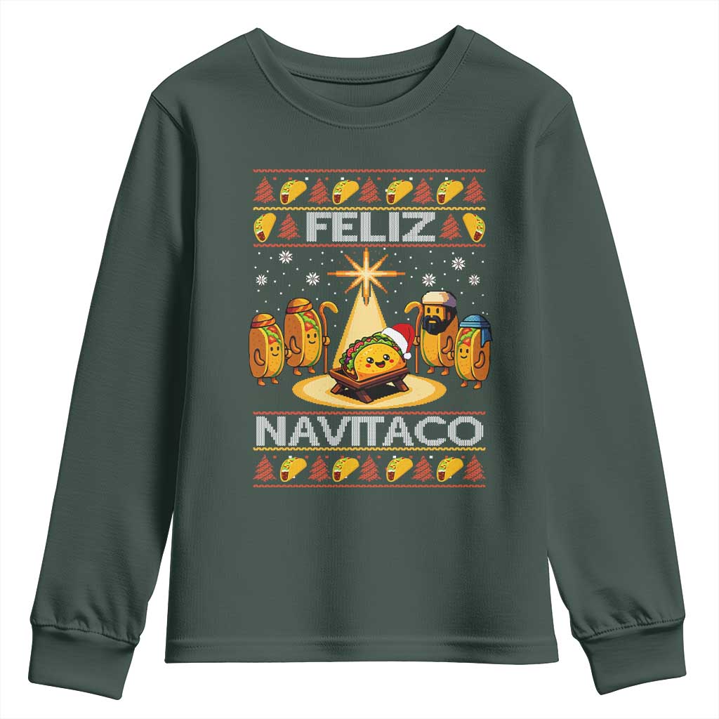 Funny Tacos Christmas Nativity Scene Youth Sweatshirt Feliz Navitaco Mexican Food TS11 Dark Forest Green Print Your Wear