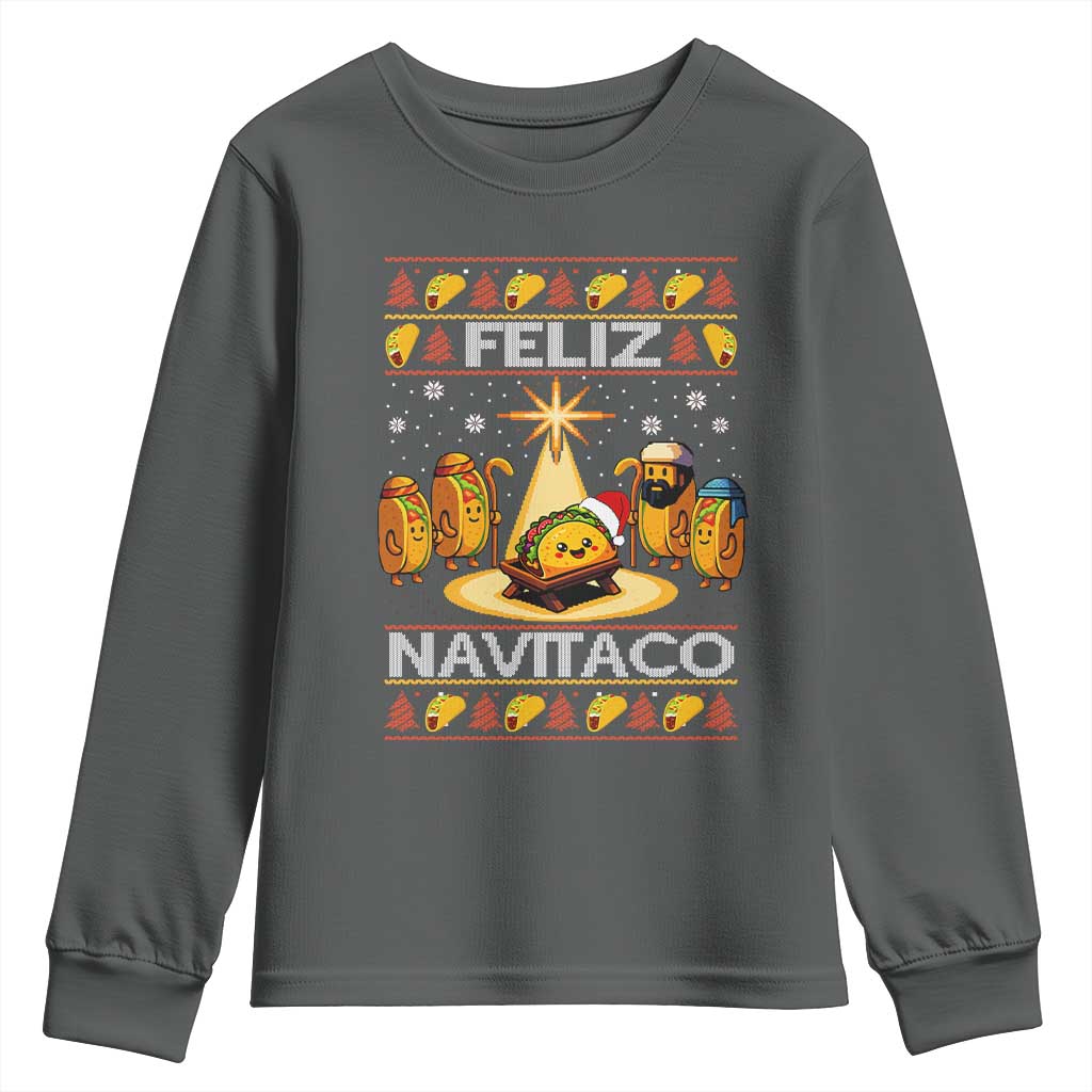 Funny Tacos Christmas Nativity Scene Youth Sweatshirt Feliz Navitaco Mexican Food TS11 Dark Heather Print Your Wear