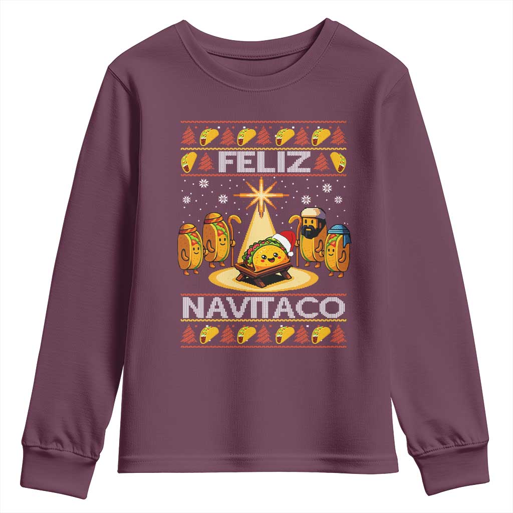 Funny Tacos Christmas Nativity Scene Youth Sweatshirt Feliz Navitaco Mexican Food TS11 Maroon Print Your Wear