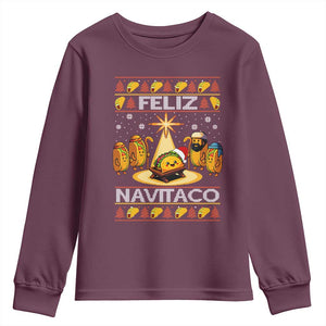 Funny Tacos Christmas Nativity Scene Youth Sweatshirt Feliz Navitaco Mexican Food TS11 Maroon Print Your Wear