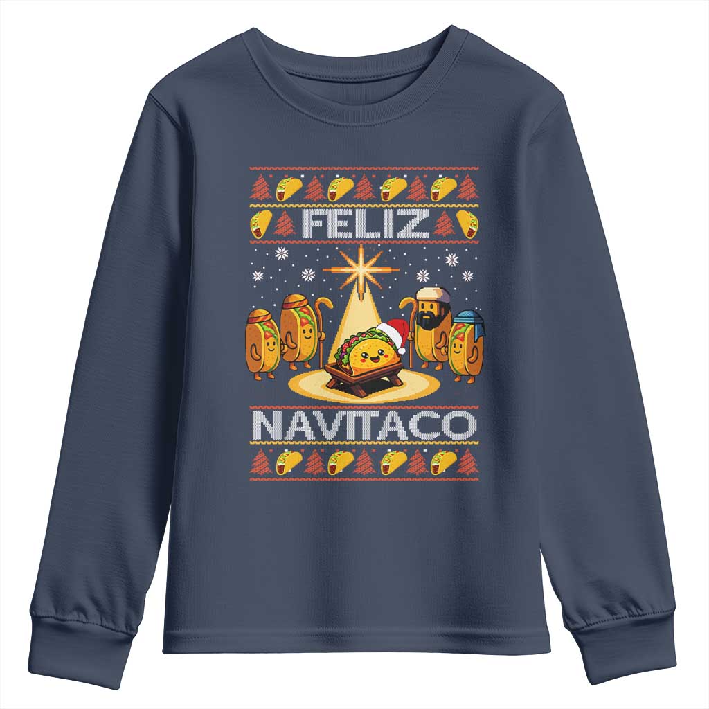 Funny Tacos Christmas Nativity Scene Youth Sweatshirt Feliz Navitaco Mexican Food TS11 Navy Print Your Wear