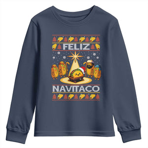 Funny Tacos Christmas Nativity Scene Youth Sweatshirt Feliz Navitaco Mexican Food TS11 Navy Print Your Wear