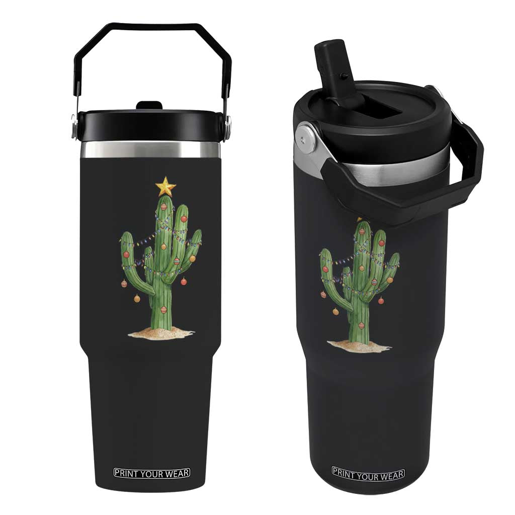 Funny Cactus Christmas Xmas Trees Lights Santa Hat Cactus Lovers Flip Straw Tumbler TS11 One Size: 30 oz Black Print Your Wear