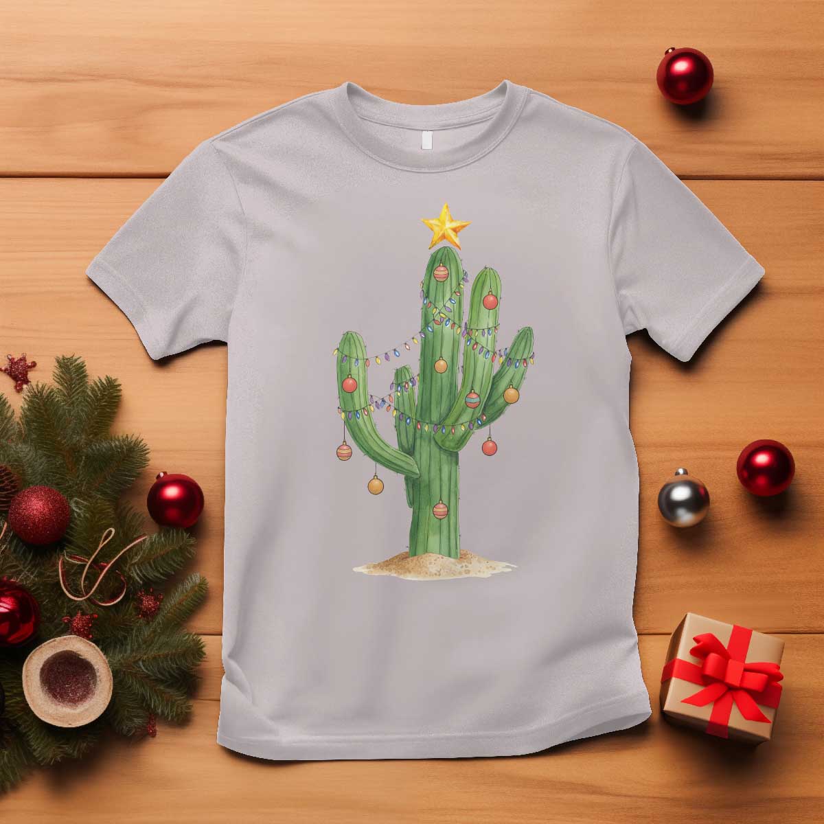 Funny Cactus Christmas Xmas Trees Lights Santa Hat Cactus Lovers T Shirt TS11 Ice Gray Print Your Wear