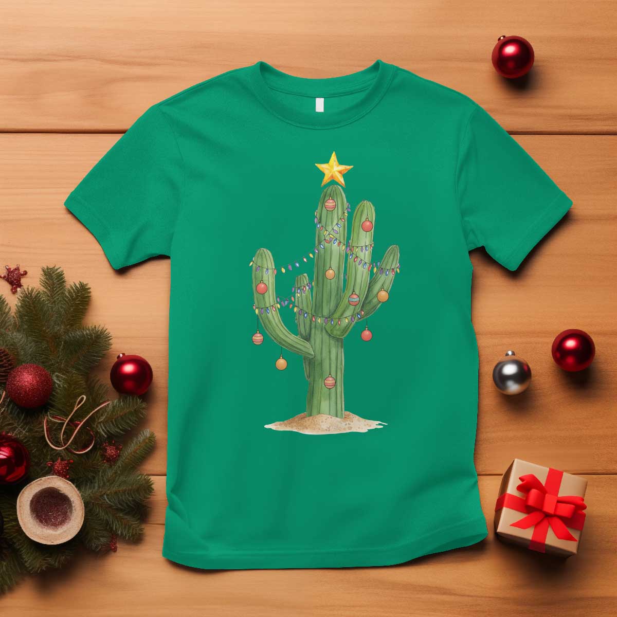 Funny Cactus Christmas Xmas Trees Lights Santa Hat Cactus Lovers T Shirt TS11 Irish Green Print Your Wear