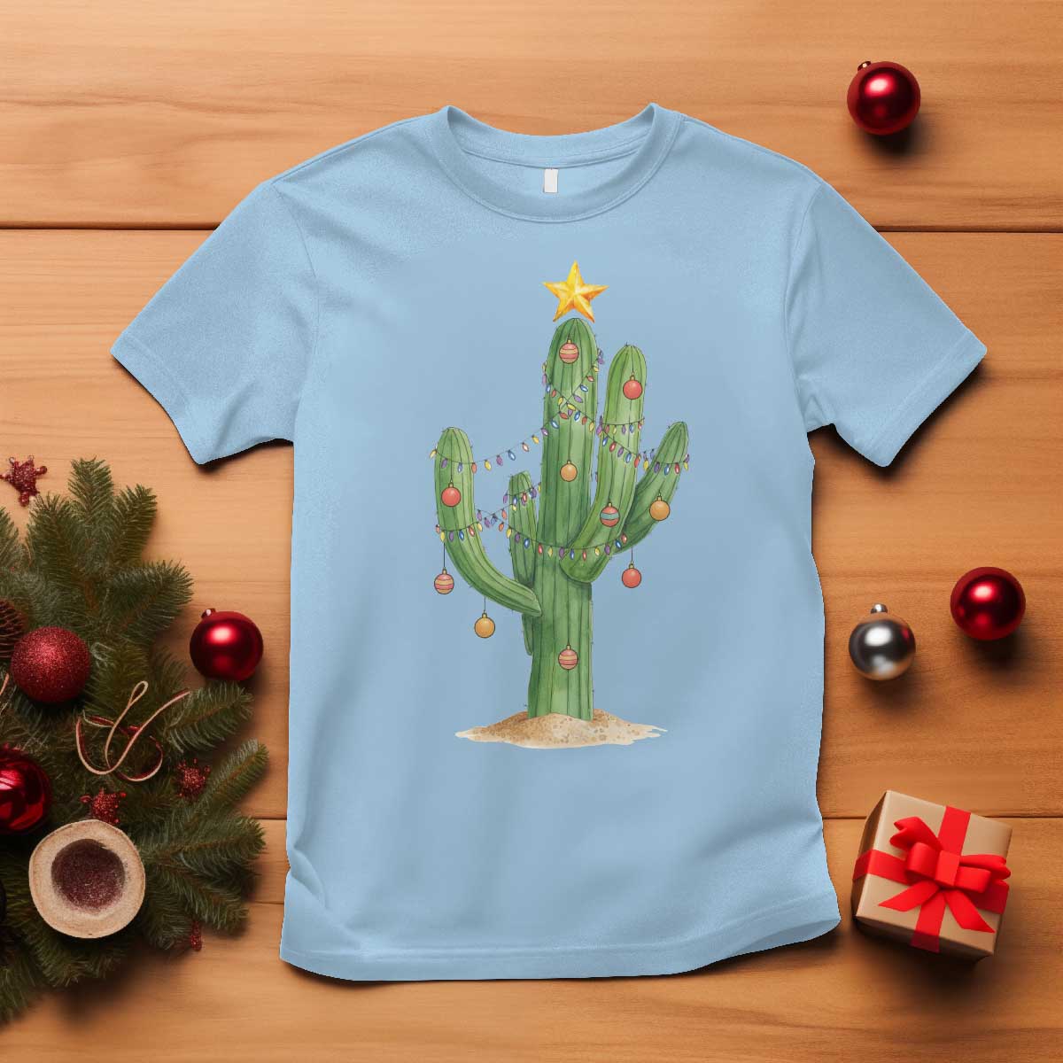 Funny Cactus Christmas Xmas Trees Lights Santa Hat Cactus Lovers T Shirt TS11 Light Blue Print Your Wear