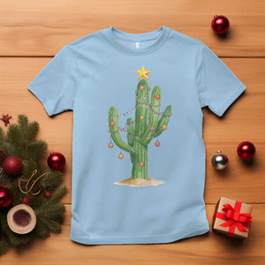 Funny Cactus Christmas Xmas Trees Lights Santa Hat Cactus Lovers T Shirt TS11 Light Blue Print Your Wear