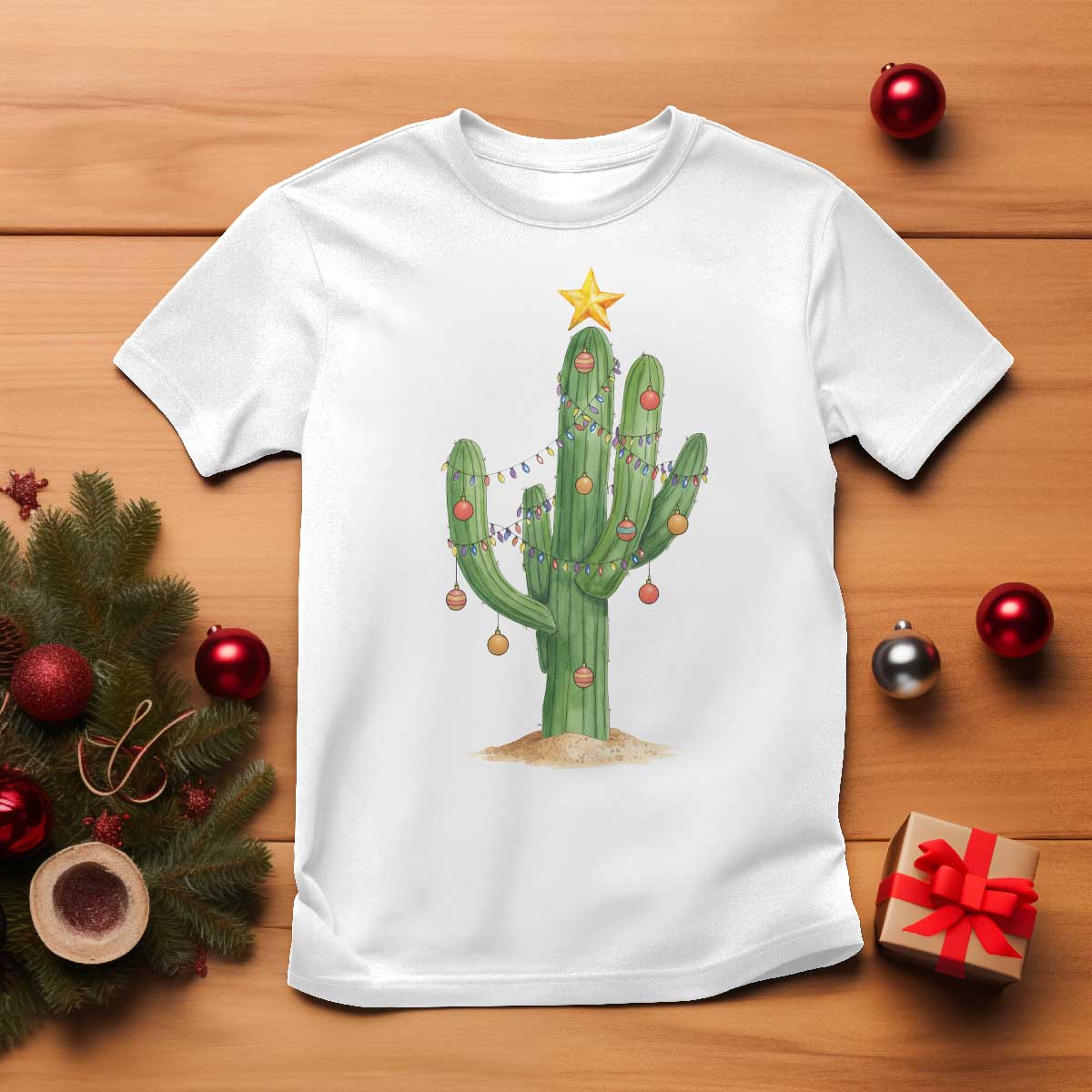 Funny Cactus Christmas Xmas Trees Lights Santa Hat Cactus Lovers T Shirt TS11 White Print Your Wear
