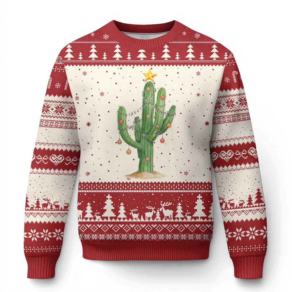 Funny Cactus Christmas Xmas Trees Lights Santa Hat Cactus Lovers Ugly Christmas Sweater TS11 Beige Red Print Your Wear