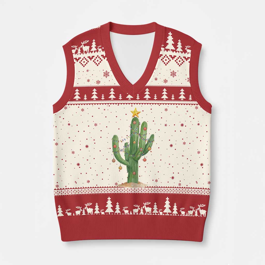 Funny Cactus Christmas Xmas Trees Lights Santa Hat Cactus Lovers V-Neck Knit Sweater Vest TS11 Beige Red Print Your Wear