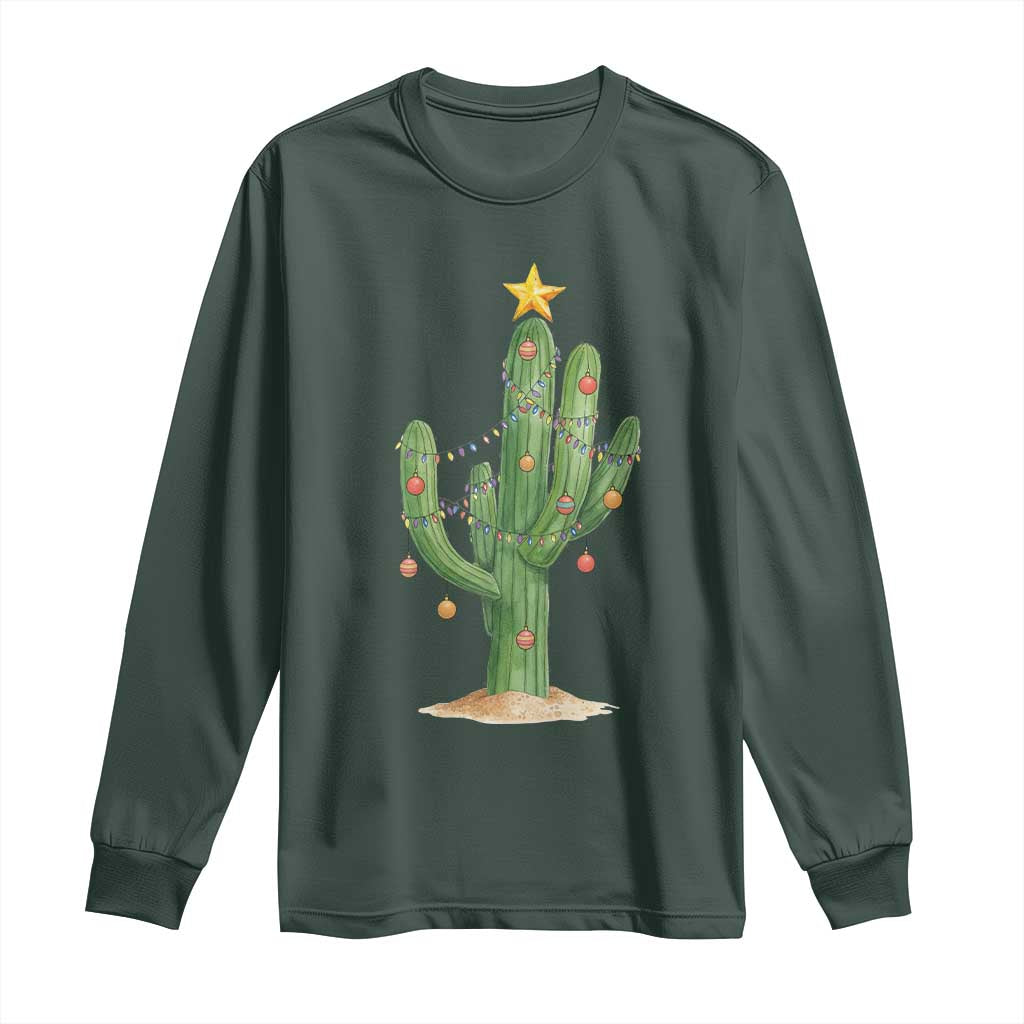 Funny Cactus Christmas Xmas Trees Lights Santa Hat Cactus Lovers Long Sleeve Shirt TS11 Dark Forest Green Print Your Wear