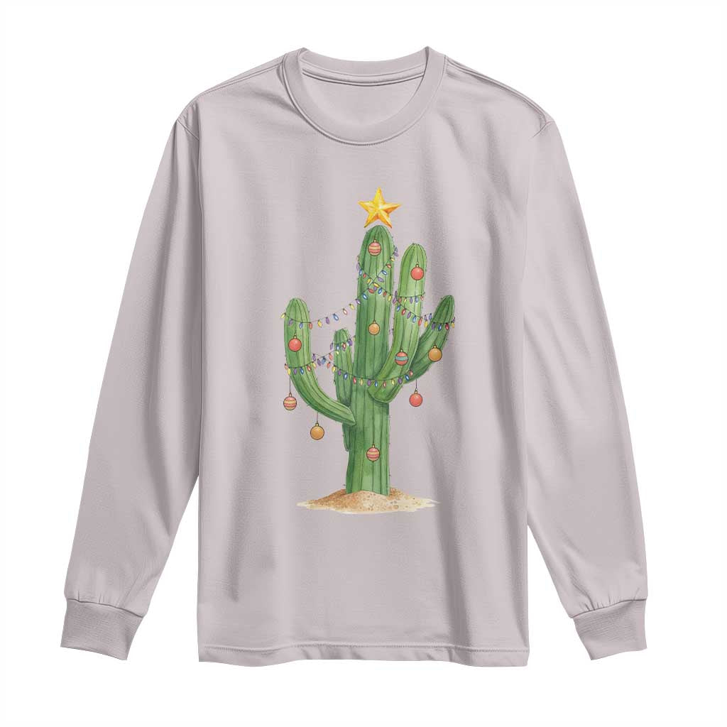 Funny Cactus Christmas Xmas Trees Lights Santa Hat Cactus Lovers Long Sleeve Shirt TS11 Ice Gray Print Your Wear