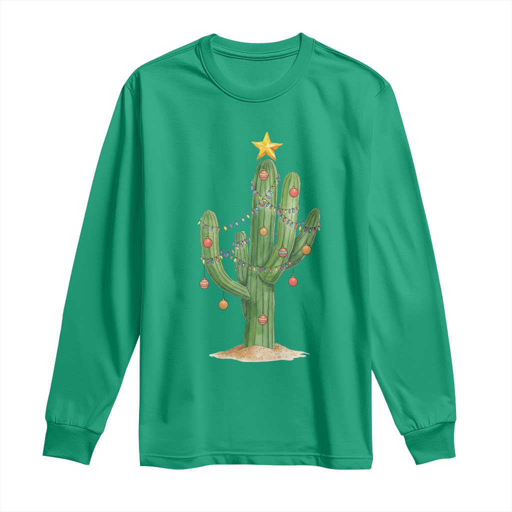 Funny Cactus Christmas Xmas Trees Lights Santa Hat Cactus Lovers Long Sleeve Shirt TS11 Irish Green Print Your Wear
