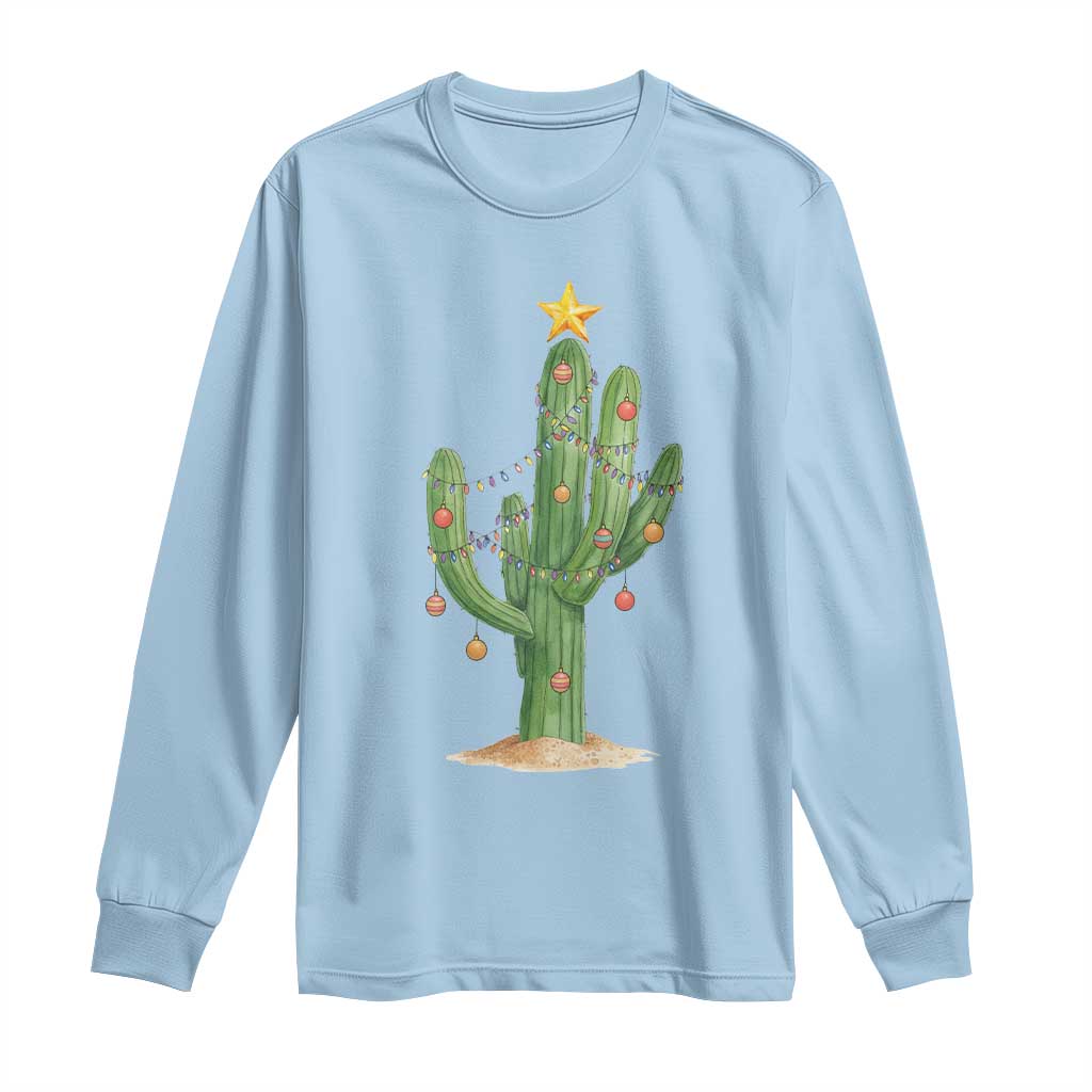 Funny Cactus Christmas Xmas Trees Lights Santa Hat Cactus Lovers Long Sleeve Shirt TS11 Light Blue Print Your Wear
