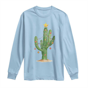 Funny Cactus Christmas Xmas Trees Lights Santa Hat Cactus Lovers Long Sleeve Shirt TS11 Light Blue Print Your Wear