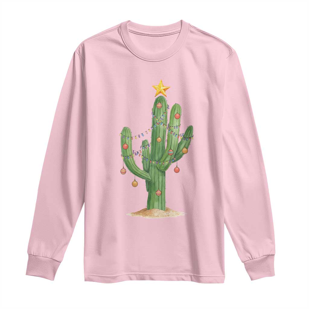 Funny Cactus Christmas Xmas Trees Lights Santa Hat Cactus Lovers Long Sleeve Shirt TS11 Light Pink Print Your Wear