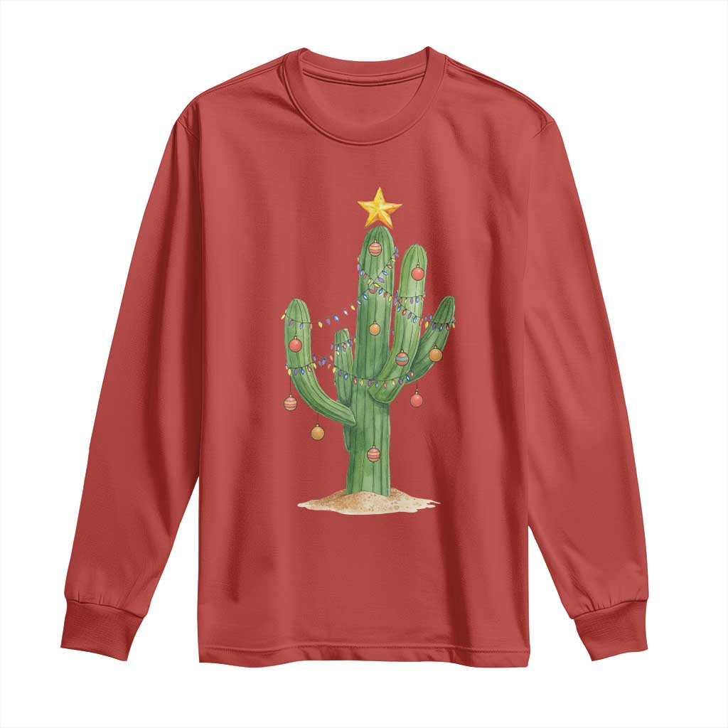 Funny Cactus Christmas Xmas Trees Lights Santa Hat Cactus Lovers Long Sleeve Shirt TS11 Red Print Your Wear
