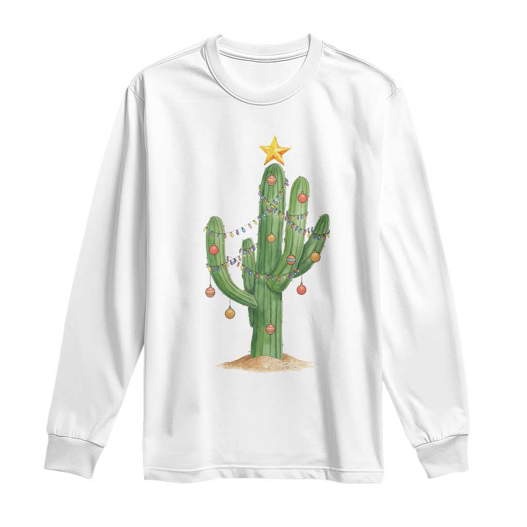 Funny Cactus Christmas Xmas Trees Lights Santa Hat Cactus Lovers Long Sleeve Shirt TS11 White Print Your Wear