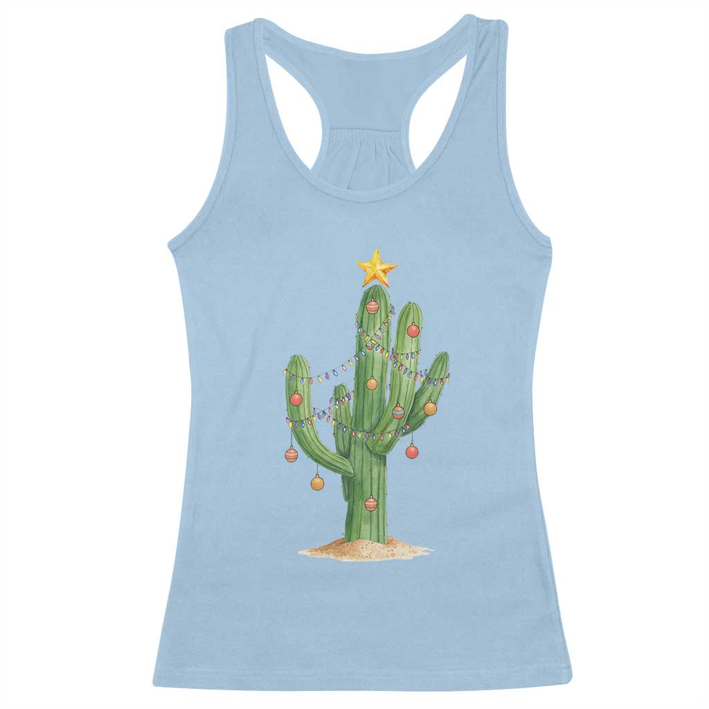 Funny Cactus Christmas Xmas Trees Lights Santa Hat Cactus Lovers Racerback Tank Top TS11 Light Blue Print Your Wear