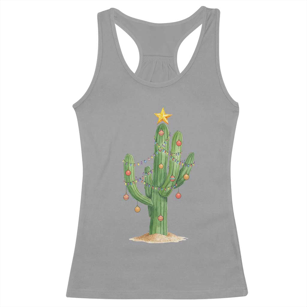 Funny Cactus Christmas Xmas Trees Lights Santa Hat Cactus Lovers Racerback Tank Top TS11 Sport Gray Print Your Wear