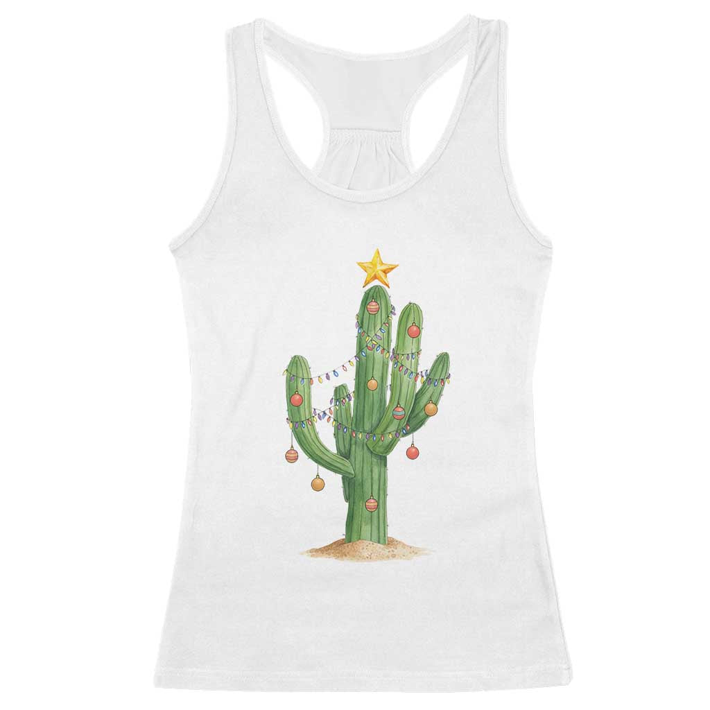 Funny Cactus Christmas Xmas Trees Lights Santa Hat Cactus Lovers Racerback Tank Top TS11 White Print Your Wear