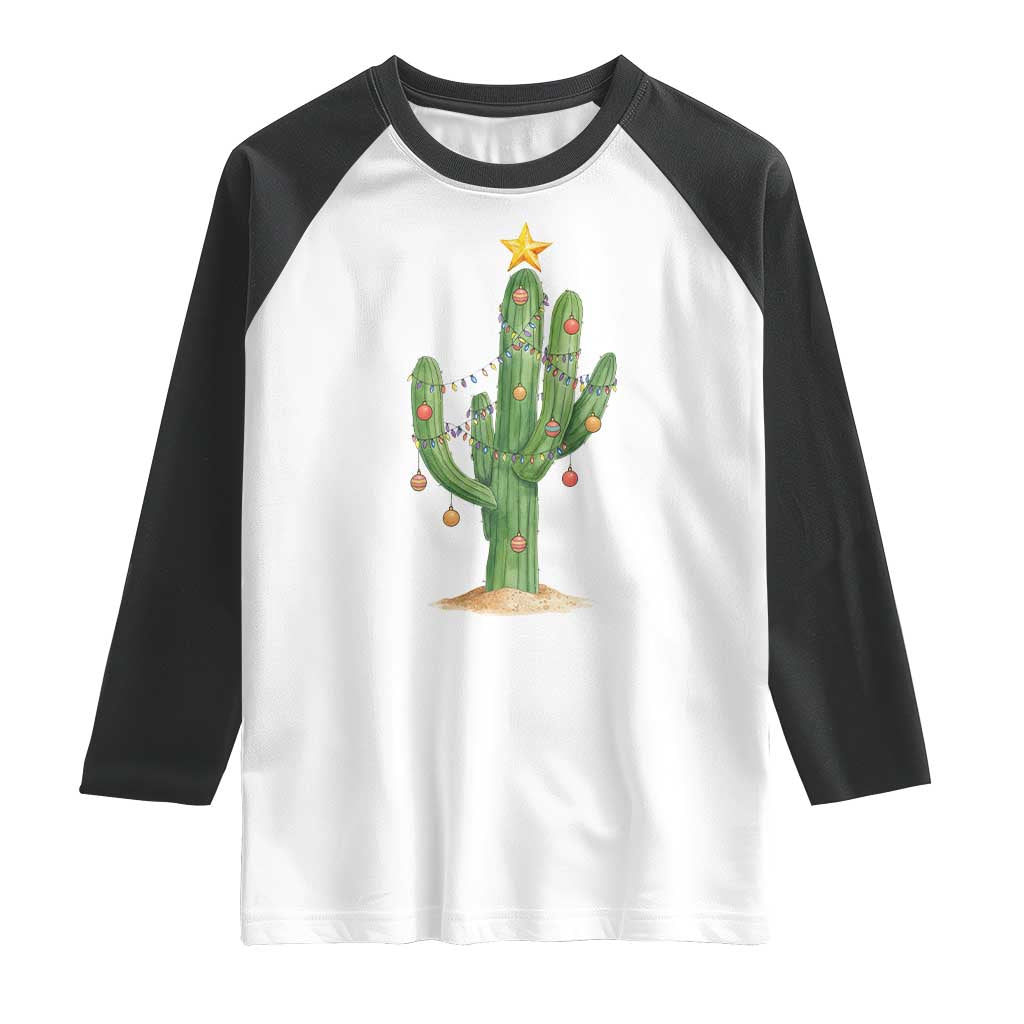Funny Cactus Christmas Xmas Trees Lights Santa Hat Cactus Lovers Raglan Shirt TS11 White Black Print Your Wear