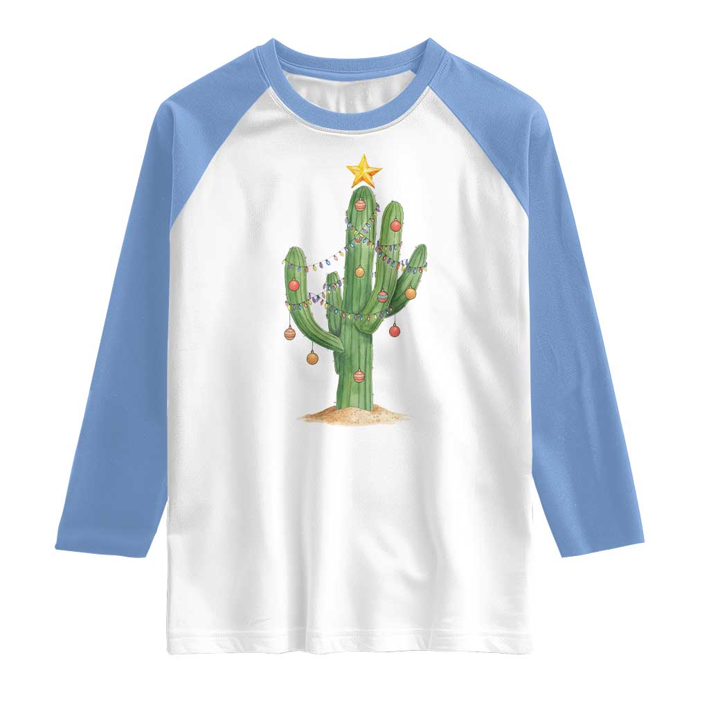 Funny Cactus Christmas Xmas Trees Lights Santa Hat Cactus Lovers Raglan Shirt TS11 White Carolina Blue Print Your Wear