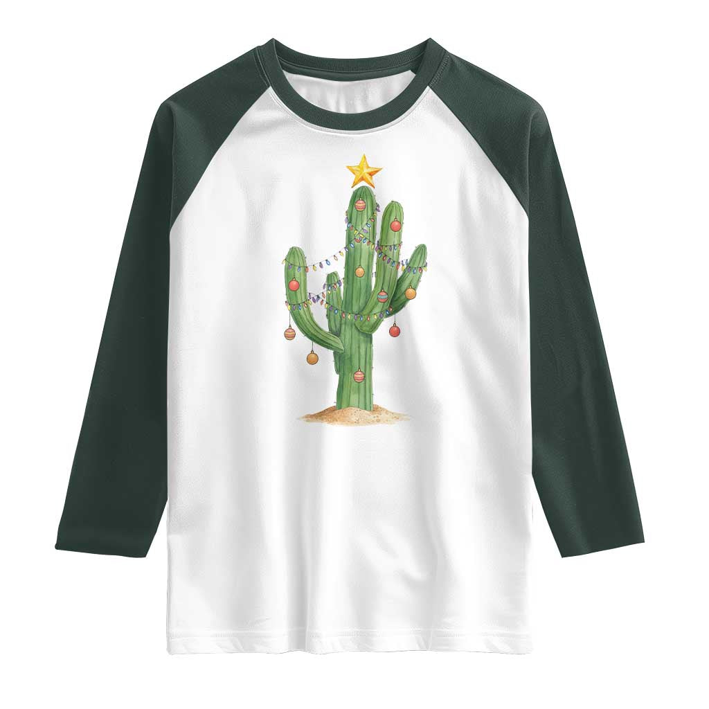 Funny Cactus Christmas Xmas Trees Lights Santa Hat Cactus Lovers Raglan Shirt TS11 White Dark Forest Green Print Your Wear