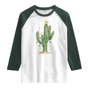 Funny Cactus Christmas Xmas Trees Lights Santa Hat Cactus Lovers Raglan Shirt TS11 White Dark Forest Green Print Your Wear