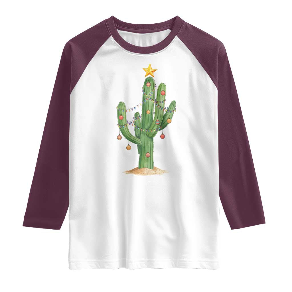 Funny Cactus Christmas Xmas Trees Lights Santa Hat Cactus Lovers Raglan Shirt TS11 White Maroon Print Your Wear