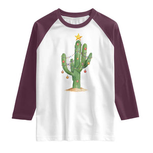 Funny Cactus Christmas Xmas Trees Lights Santa Hat Cactus Lovers Raglan Shirt TS11 White Maroon Print Your Wear