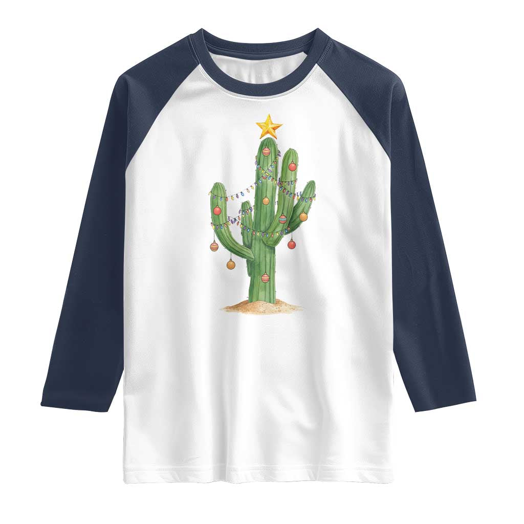 Funny Cactus Christmas Xmas Trees Lights Santa Hat Cactus Lovers Raglan Shirt TS11 White Navy Print Your Wear