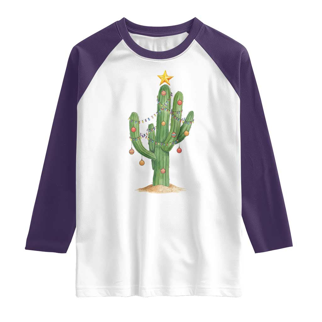 Funny Cactus Christmas Xmas Trees Lights Santa Hat Cactus Lovers Raglan Shirt TS11 White Purple Print Your Wear