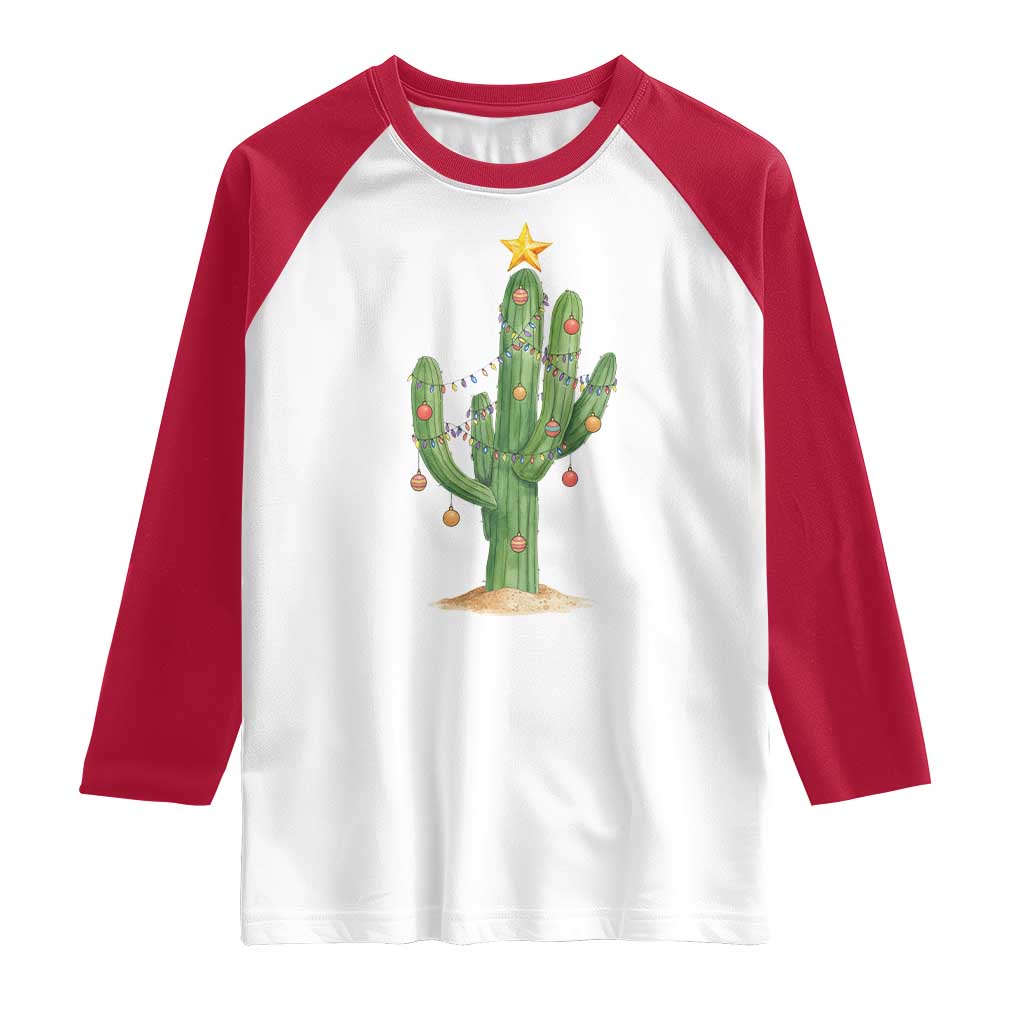 Funny Cactus Christmas Xmas Trees Lights Santa Hat Cactus Lovers Raglan Shirt TS11 White Red Print Your Wear