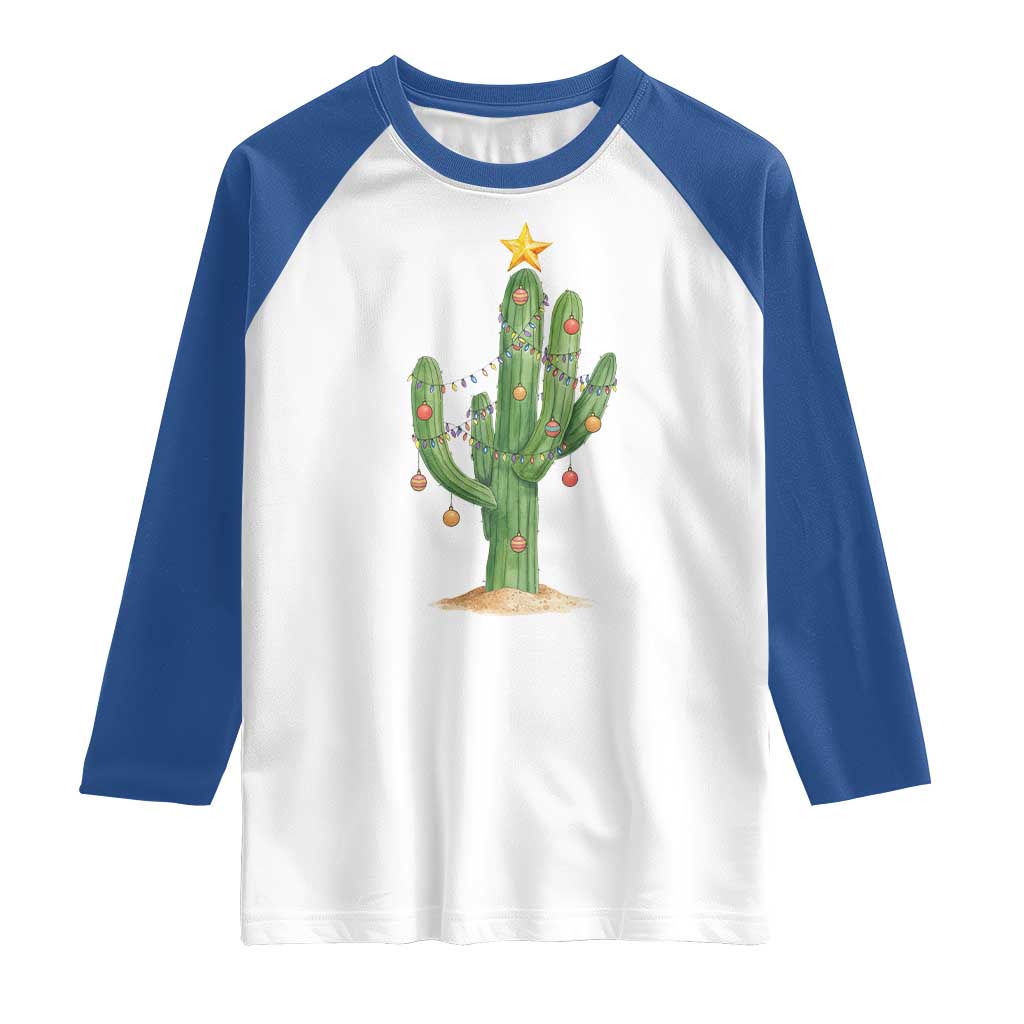 Funny Cactus Christmas Xmas Trees Lights Santa Hat Cactus Lovers Raglan Shirt TS11 White Royal Print Your Wear