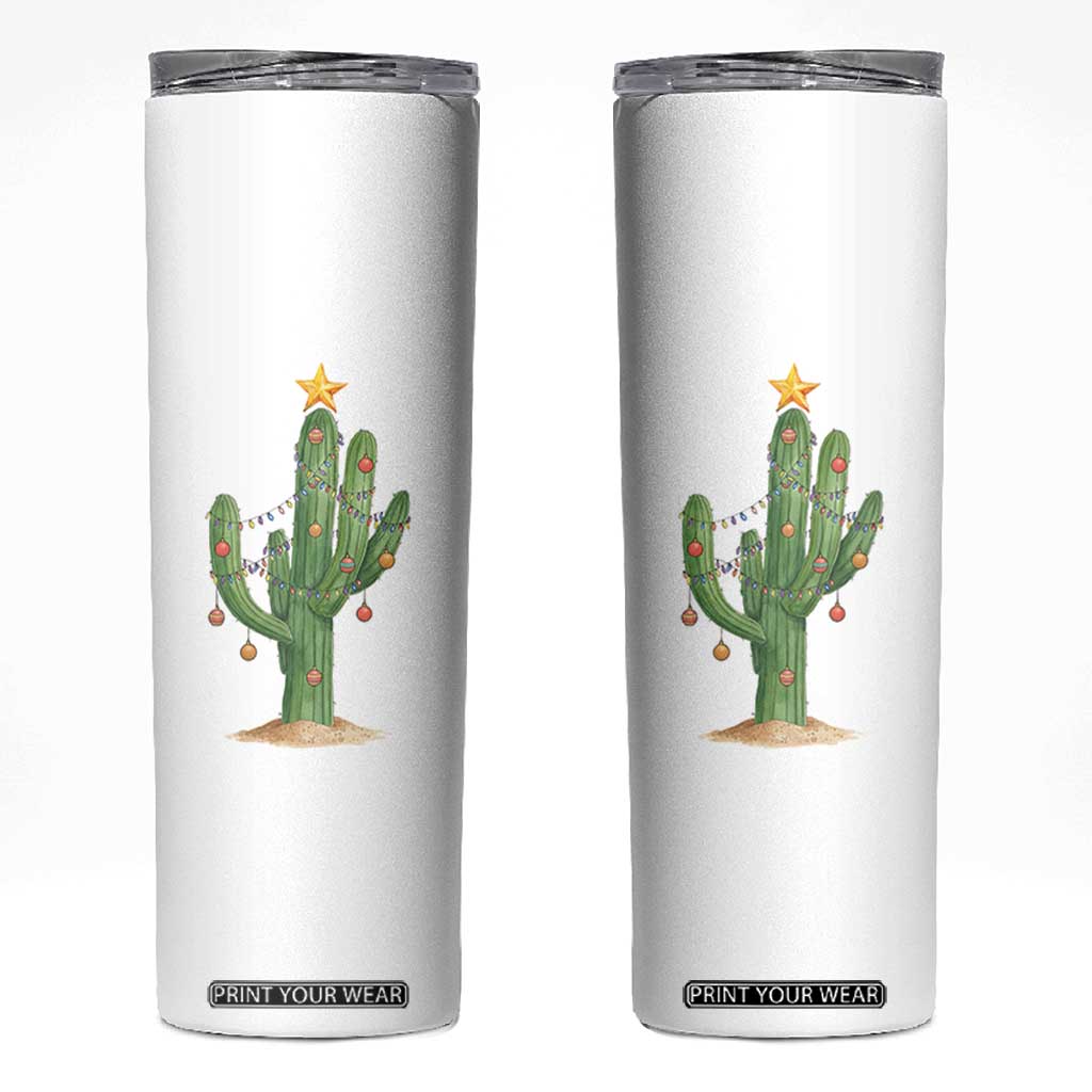 Funny Cactus Christmas Xmas Trees Lights Santa Hat Cactus Lovers Skinny Tumbler TS11 White Print Your Wear