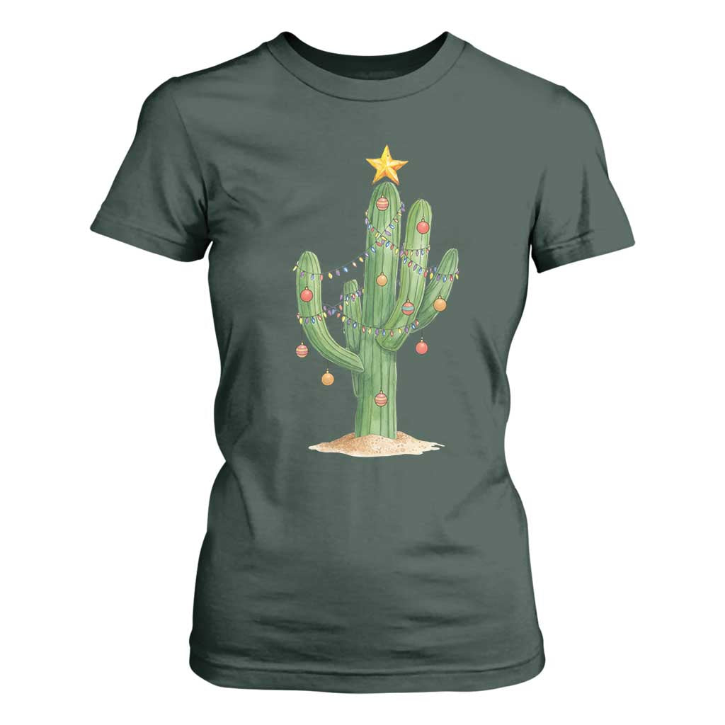 Funny Cactus Christmas Xmas Trees Lights Santa Hat Cactus Lovers T Shirt For Women TS11 Dark Forest Green Print Your Wear