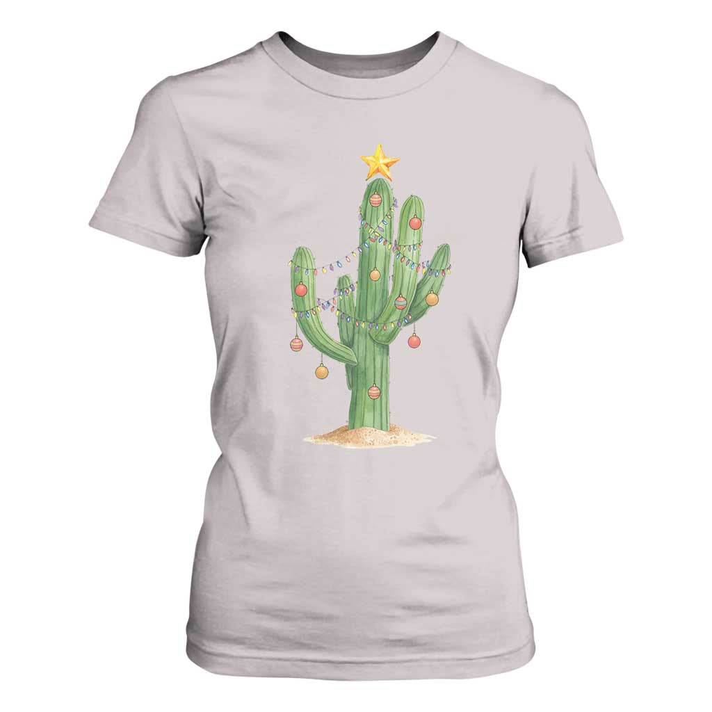 Funny Cactus Christmas Xmas Trees Lights Santa Hat Cactus Lovers T Shirt For Women TS11 Ice Gray Print Your Wear