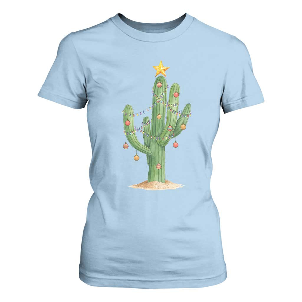 Funny Cactus Christmas Xmas Trees Lights Santa Hat Cactus Lovers T Shirt For Women TS11 Light Blue Print Your Wear