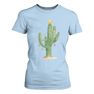 Funny Cactus Christmas Xmas Trees Lights Santa Hat Cactus Lovers T Shirt For Women TS11 Light Blue Print Your Wear