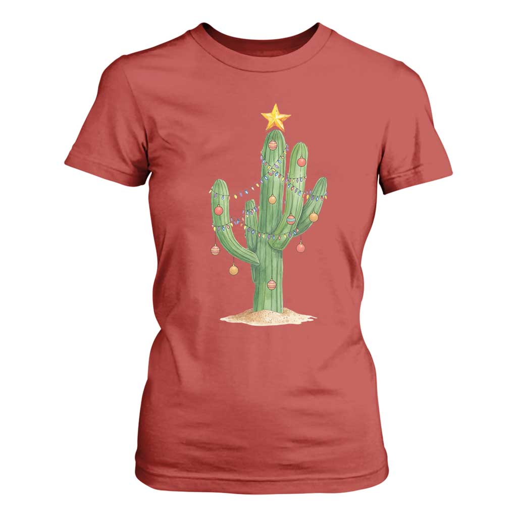 Funny Cactus Christmas Xmas Trees Lights Santa Hat Cactus Lovers T Shirt For Women TS11 Red Print Your Wear