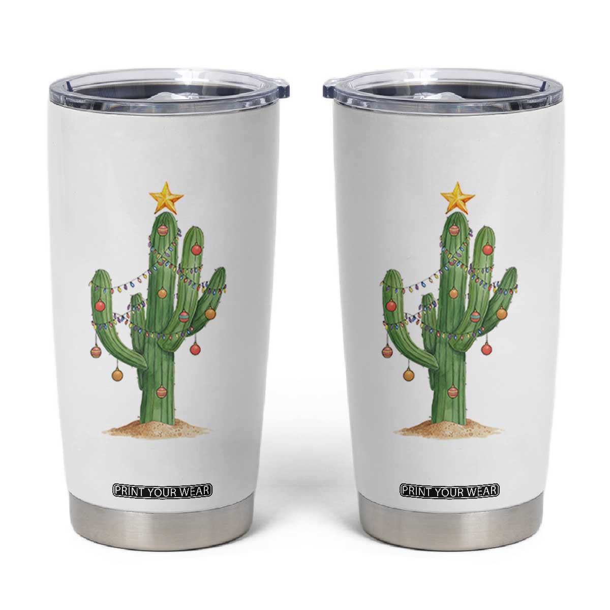 Funny Cactus Christmas Xmas Trees Lights Santa Hat Cactus Lovers Tumbler Cup TS11 White Print Your Wear