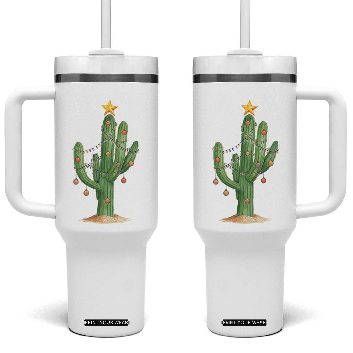 Funny Cactus Christmas Xmas Trees Lights Santa Hat Cactus Lovers Tumbler With Handle TS11 One Size: 40 oz White Print Your Wear