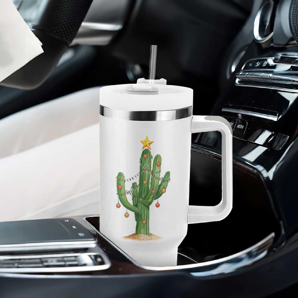 Funny Cactus Christmas Xmas Trees Lights Santa Hat Cactus Lovers Tumbler With Handle TS11 Print Your Wear
