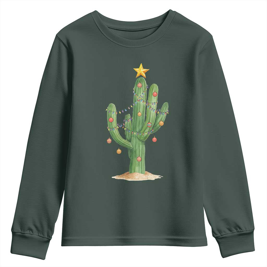 Funny Cactus Christmas Xmas Trees Lights Santa Hat Cactus Lovers Youth Sweatshirt TS11 Dark Forest Green Print Your Wear