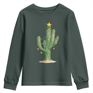 Funny Cactus Christmas Xmas Trees Lights Santa Hat Cactus Lovers Youth Sweatshirt TS11 Dark Forest Green Print Your Wear
