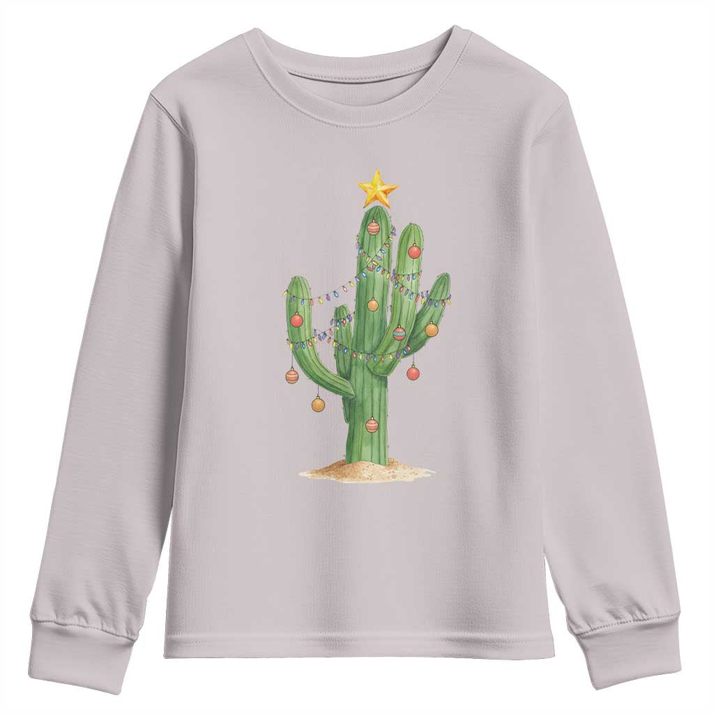 Funny Cactus Christmas Xmas Trees Lights Santa Hat Cactus Lovers Youth Sweatshirt TS11 Ice Gray Print Your Wear