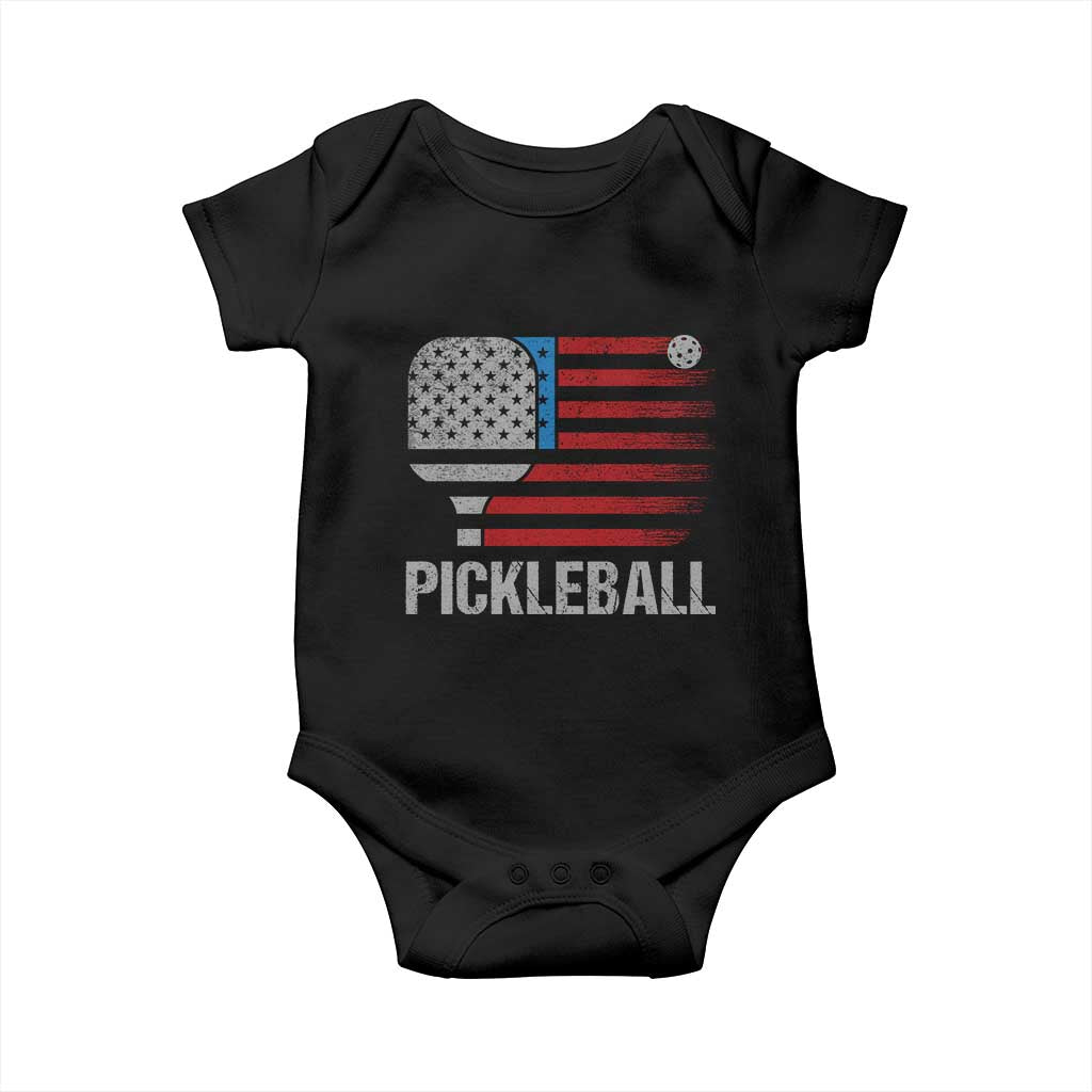 Pickleball Lover Vintage American Flag Baby Onesie 4th of July TS11 Black Print Your Wear