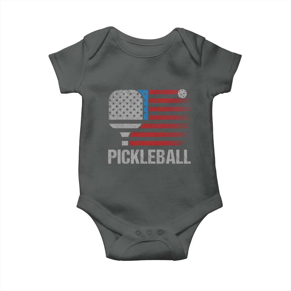Pickleball Lover Vintage American Flag Baby Onesie 4th of July TS11 Dark Heather Print Your Wear